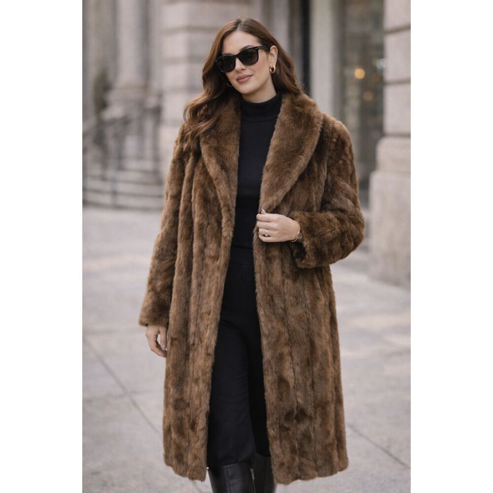 Vintage Olympia Faux Fur Coat Brown Mink Style Long 1X Mob Wife Quiet Luxury